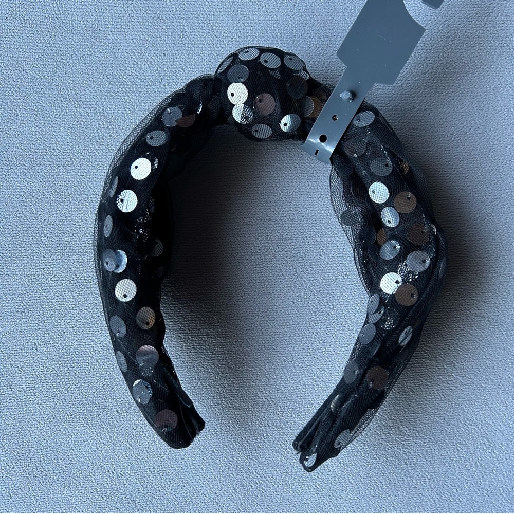 Tasha ~ Knot Headband with Silver Sequins Wrapped in Black Tulle ~ Brand New!